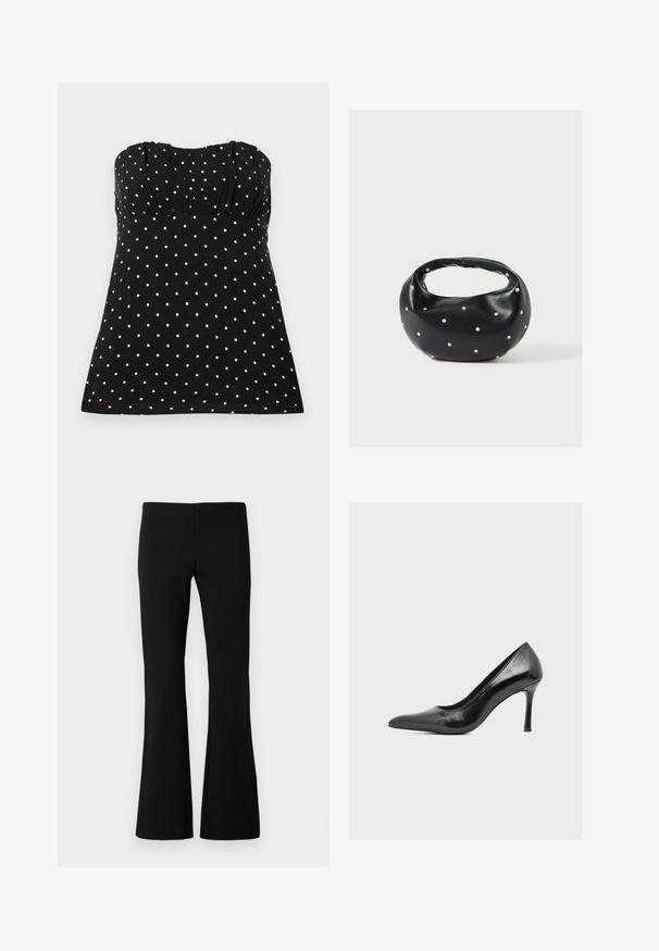 Haut noir sans bretelles avec pois blancs, présentant un tissu froncé au niveau de la poitrine, une texture lisse et une coupe décontractée.; Pantalon noir évasé en tissu extensible. Texture lisse avec une taille ajustée et des jambes évasées. Aucun motif ou ornement visible.; Chaussure à talons hauts pour femme noire brillante, à bout pointu et talon aiguille fin, vue de côté sur un fond clair uni.; Sac à main en cuir noir de forme arrondie, décoré de clous argentés et équipé d'une poignée courte. Texture lisse et fermeture éclair.