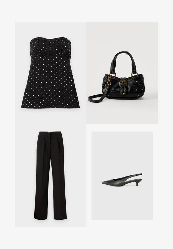 Haut noir sans bretelles avec pois blancs, présentant un tissu froncé au niveau de la poitrine, une texture lisse et une coupe décontractée.; Pantalon noir avec une coupe droite, comprenant des plis sur le devant, une fermeture à bouton et un tissu lisse et texturé.; Chaussure slingback noire à bout pointu en cuir lisse. Présente un talon fin et un détail de boucle sur la sangle réglable.; Sac à main en cuir noir avec boucle dorée et détails à rivets, poignées courtes et bandoulière réglable sur fond blanc uni.