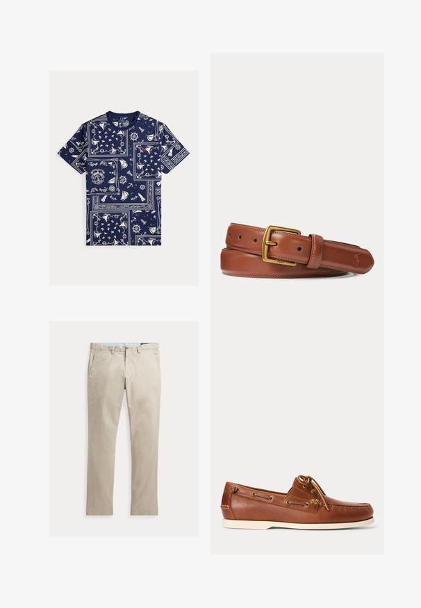 Camisa azul marino de manga corta con estampado náutico blanco que incluye veleros, anclas, timones, brújulas y faros.; Pantalones de algodón beige de pierna recta con bolsillos delanteros, trabillas para cinturón, cierre de botón y cremallera, mostrados extendidos sobre un fondo blanco.; Zapato náutico de cuero marrón con suela blanca, cordones atados en la parte superior y ojales metálicos a lo largo de los lados y la costura delantera.; Cinturón de cuero marrón con hebilla de latón, bordes cosidos y logo en relieve en la punta, descansando enrollado sobre un fondo blanco.