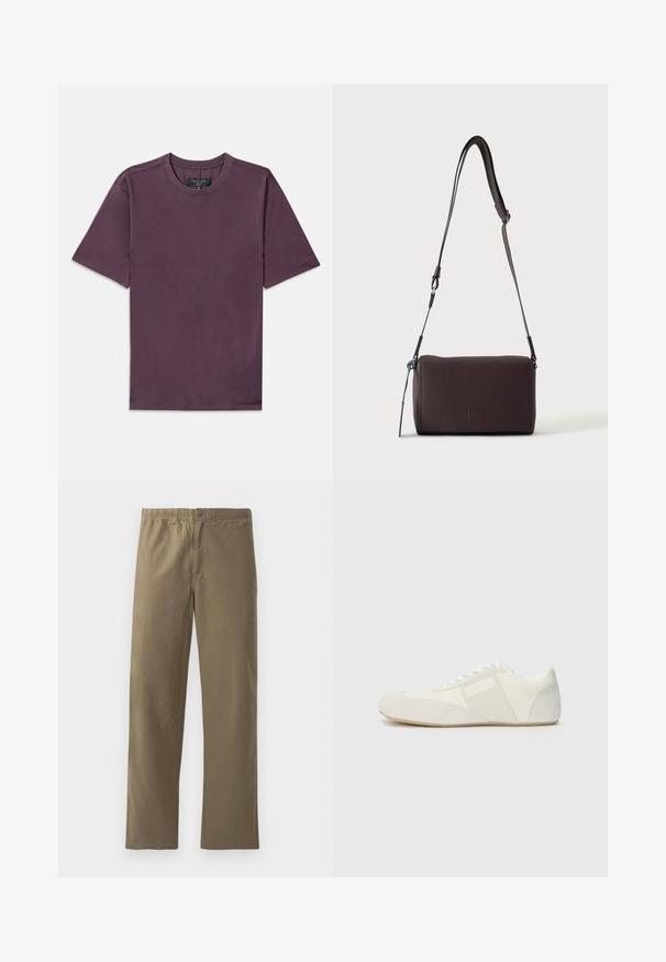 T-shirt à manches courtes et col rond en mauve foncé avec une étiquette de marque visible cousue à l'intérieur du col.; Pantalons kaki en tissu léger. Dotés d'une taille élastique, d'une fermeture à boutons, de jambes droites et d'une texture lisse.; Baskets blanches au design épuré, dotées d'un embout en daim, de panneaux en cuir et d'accents texturés contrastés. Semelle plate en caoutchouc.; Sac bandoulière en cuir marron foncé texturé avec une sangle réglable et un petit accent décoratif bleu sur le côté.