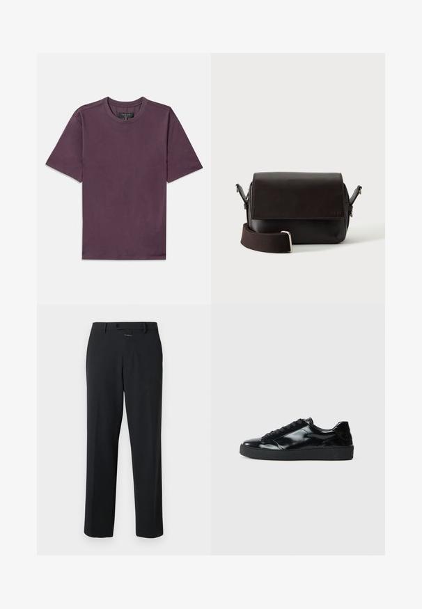 T-shirt à manches courtes et col rond en mauve foncé avec une étiquette de marque visible cousue à l'intérieur du col.; Pantalon noir à coupe droite, en tissu lisse. Il présente une fermeture à bouton à l'avant et des détails de couture subtils. Conception simple sans motifs.; Baskets en cuir verni noir avec un bout arrondi, un laçage, une semelle en caoutchouc texturé et une finition lisse.; Sac bandoulière en cuir marron foncé avec fermeture à rabat et sangle en tissu réglable sur fond blanc.