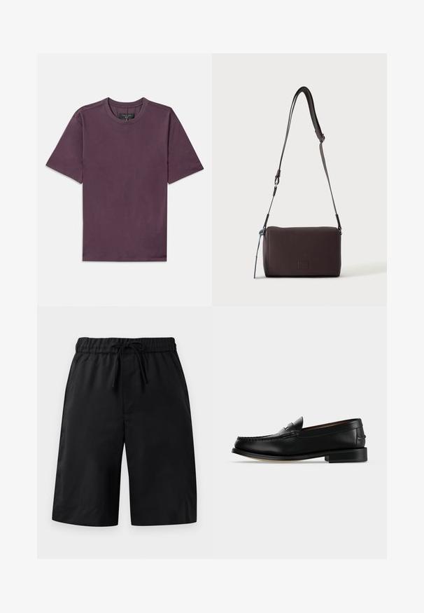 Ensfarvet kortærmet t-shirt med rund hals i mørk mauve med synligt mærke syet indeni kraven.; Sorte shorts med elastisk talje og snøre. Har en glat tekstur og løs pasform. Enkel design uden lommer eller udsmykninger.; Sort læder herre loafer med lav hæl og mokkasinsyning på tåen, vist fra siden på en ensfarvet baggrund.; Mørkebrun textured læder crossbody taske med justerbar rem og lille dekorativ blå accent på siden.