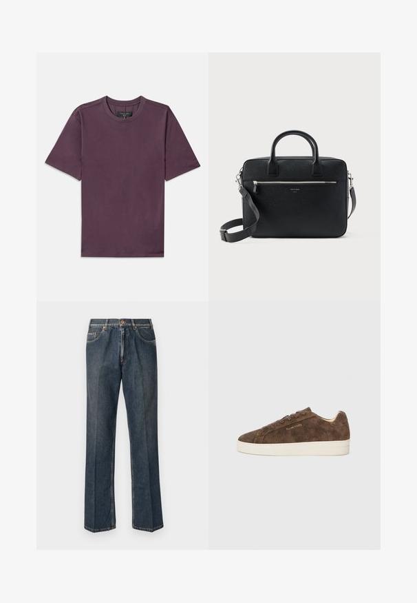 Schlichtes T-Shirt mit kurzen Ärmeln und Rundhalsausschnitt in dunklem Mauve, mit sichtbarem Markenlabel, das in den Kragen genäht ist.; Dunkelblaue, gerade Jeans aus Denim mit vorderem Knopf, Reißverschluss, doppelten vorderen Taschen und sichtbaren vertikalen Falten entlang der Beine.; Braune Wildleder-Sneaker mit niedrigem Profil, abgerundeter Spitze und weißer Gummisohle. Ausgestattet mit dunklen Schnürsenkeln und dezentem Branding an der Seite.; Schwarze strukturierte rechteckige Lederaktentasche mit Doppelgriffen, vorderer Reißverschlusstasche und verstellbarem Schultergurt, auf weißem Hintergrund dargestellt.