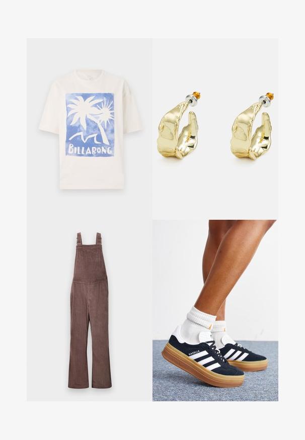 Camiseta de algodón color crema con un gráfico azul que presenta palmeras y la palabra "BILLABONG" en blanco. Manga corta y corte relajado.; Pantalones de tirantes de pana marrones con tirantes ajustables, piernas anchas y textura de estrías verticales. Presenta bolsillos laterales y un ajuste relajado.; Piernas con calcetines blancos y zapatillas Adidas Gazelle negras con rayas blancas y suelas marrones gruesas sobre un suelo alfombrado gris.; Pendientes en tono dorado con forma de manos abstractas, que presentan una superficie brillante, detalles intrincados y un poste de plata y oro para un ajuste seguro.