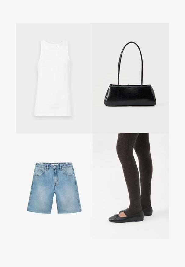 Hvid bomulds tanktop med rund udskæring og brede skulderstropper. Stoffet er glat og tætsiddende, uden synlige mønstre eller udsmykninger.; Lyseblå denimshorts med lige snit, fem lommer, frontlukning med knap og flosset kantdetalje. Klassisk denimtekstur.; Ben iført mørke ribbede leggings kombineret med sorte balletsko med små sløjfedetaljer på hvid baggrund.; Sort rektangulær skuldertaske med lange tynde stropper og en glat, blank tekstur på en ensfarvet baggrund.