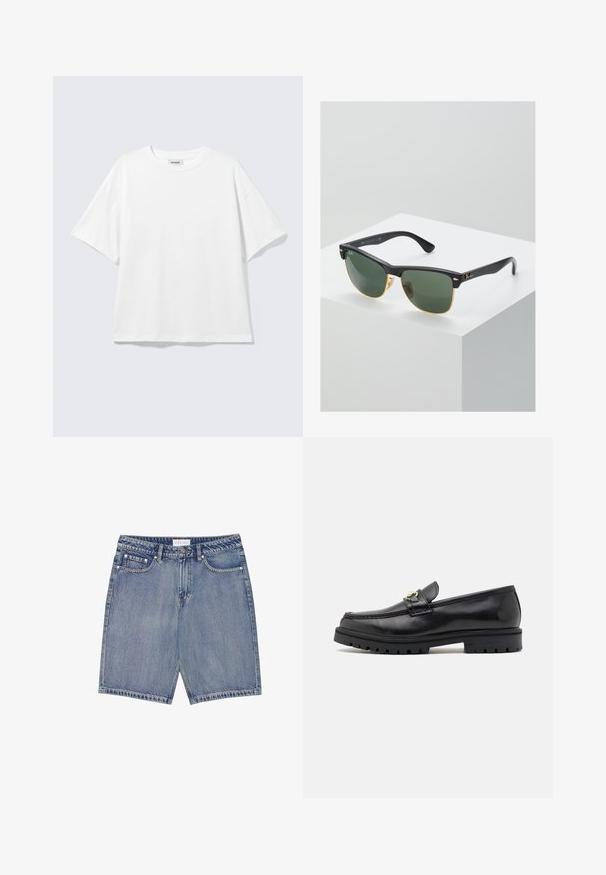 Camiseta blanca de gran tamaño con mangas cortas, cuello redondo y hombros caídos, plana sobre fondo gris claro.; Shorts de denim con un lavado azul claro, que presentan cinco bolsillos, pasadores para el cinturón y costuras en contraste. Pierna de corte recto con un dobladillo sin terminar.; Mocasines de cuero negro con un acabado suave, punta redonda, una tira decorativa con herraje dorado y una suela negra robusta.; Gafas de sol Ray-Ban con lentes verdes, montura de plástico negro y acentos dorados en los bordes. Forma cuadrada con acabado mate.