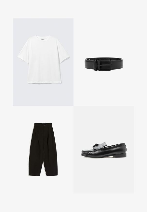 T-shirt blanc oversize à manches courtes, col rond, épaules tombantes, posé à plat sur fond gris clair.; Pantalon noir à jambes larges en tissu doux, avec un devant plissé, une fermeture à boutons et des poches latérales pour plus de fonctionnalité.; Mocassin en cuir noir avec un détail pompon, talon bas et bout arrondi, présenté de profil sur un fond uni clair.; Ceinture en cuir noir roulée avec une boucle carrée en métal noir et une passante, présentée sur fond blanc.