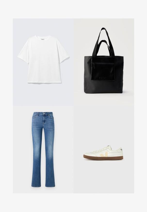 Hvid oversized t-shirt med korte ærmer og rund halsudskæring med sænkede skuldre, fladt lagt på lys grå baggrund.; ONLY ONLWAUW MID WAIST - Jeans Slim Fit - medium blue denim; Hvid lavskaftet sneaker med beige "V"-logo, brun gummisål, snørebånd og sort tekst på hæl og tunge mod en ensfarvet baggrund.; Sort tote-taske med lynlåslomme foran og to håndtag, sat mod en ensfarvet lys baggrund.