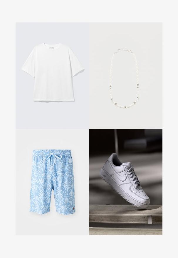 T-shirt blanc oversize à manches courtes, col rond, épaules tombantes, posé à plat sur fond gris clair.; Shorts de bain bleu clair avec un motif abstrait blanc, taille élastique et cordon de serrage. Logo sur le devant à gauche et fentes sur les côtés à l'ourlet.; La basket Nike Air Force 1 en cuir blanc présente un embout perforé, des lacets plats et une semelle en caoutchouc texturée avec le logo « AIR » sur le côté.; Collier de perles blanches avec des intercalaires en strass argentés et un fermoir chaîne en argent, présenté sur un fond clair uni.