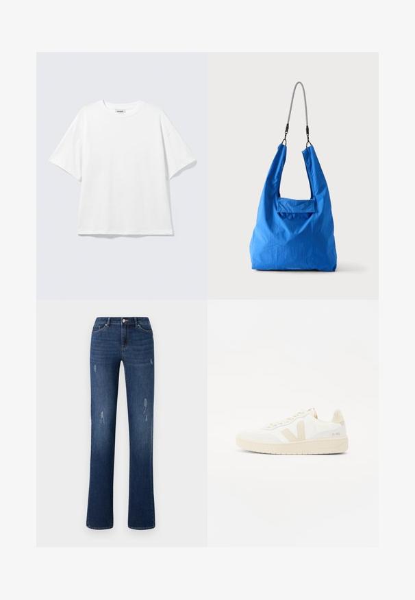 Hvid oversized t-shirt med korte ærmer og rund halsudskæring med sænkede skuldre, fladt lagt på lys grå baggrund.; ONLY ONLWAUW MID WAIST - Jeans Slim Fit - dark blue denim; Hvide sneakers med beige accenter, der har en tekstureret overdel, rund tå og en tykk gummisål. Designet inkluderer det ikoniske V-logo og branding.; Lyseblå blød stofnettaske med sort-hvid skulderstrop mod en ensartet lys baggrund.