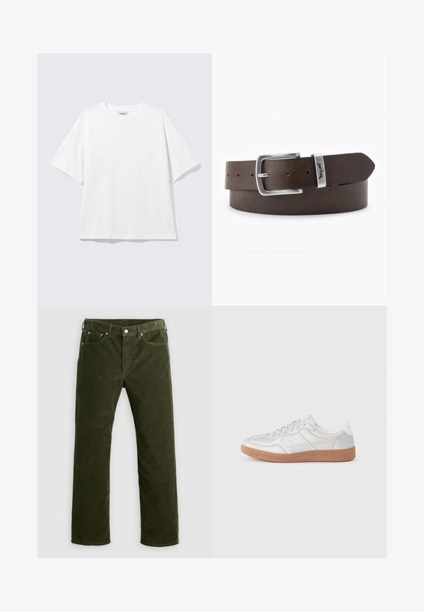 Witte oversized T-shirt met korte mouwen, ronde hals en verlaagde schouders, plat op een lichtgrijze achtergrond.; Olijfgroene corduroy rechte pijpen broek met voorknop, ritssluiting, riemlussen en vijf-vakken ontwerp op een witte achtergrond.; Zilveren sneakers met een gladde textuur, vetersluiting, geperforeerde accenten en een gestructureerde bruine rubberen zool.; Bruine leren riem met een zilverkleurige metalen gesp, voorzien van een rechthoekige vorm en meerdere gaten voor maatverstelling.