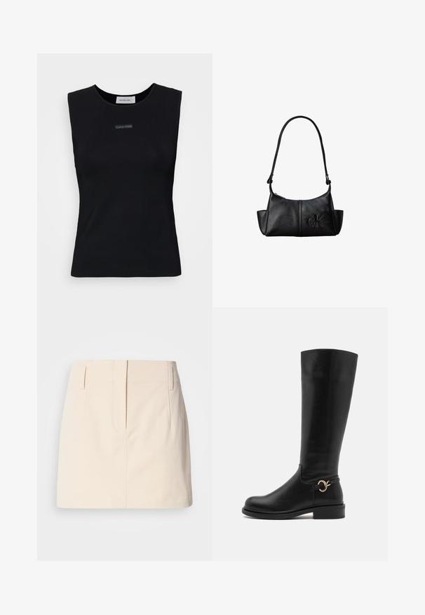 Sort ærmeløs top lavet af glat stof. Har en rund halsudskæring og et lille Calvin Klein-logo i midten. Simpelt og tætsiddende design.; Calvin Klein Jeans SKIRT - A-snit nederdel - fog; Anna Field Wide Fit Høje støvler/ Støvler - black; Sort læder skuldertaske med lang rem, sidelommer og præget Calvin Klein-logo på fronten.