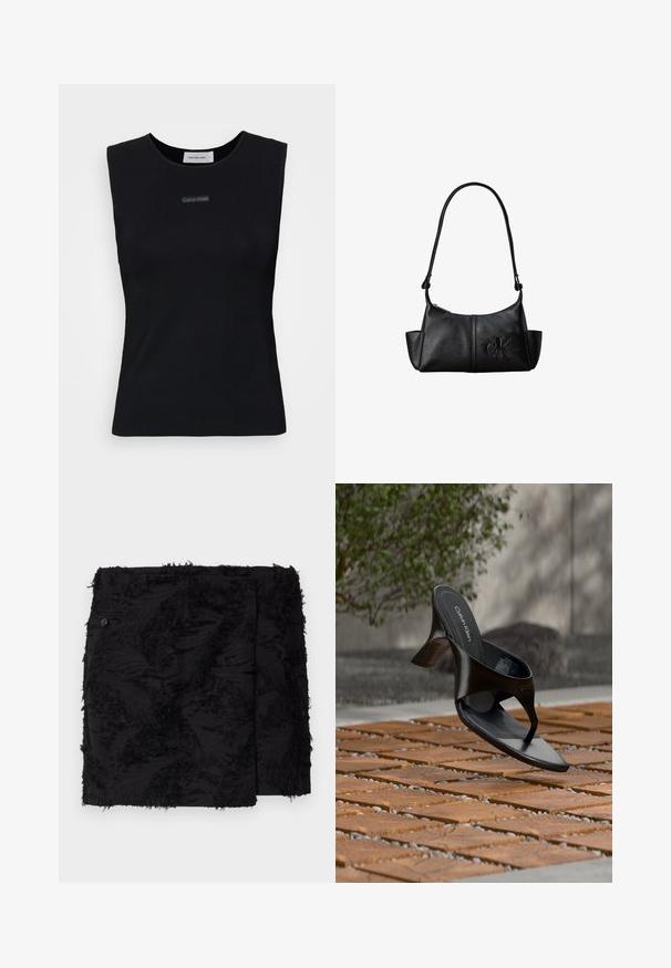 Sort ærmeløs top lavet af glat stof. Har en rund halsudskæring og et lille Calvin Klein-logo i midten. Simpelt og tætsiddende design.; Sort nederdel med tekstureret stof, der har frynsede detaljer. Firkantet form, over knæ længde og en sideknap detalje.; Sort Calvin Klein hæl-sandal med åben tå, der svæver over en udendørs flisebelagt overflade med grønne planter og en betonvæg i baggrunden.; Sort læder skuldertaske med lang rem, sidelommer og præget Calvin Klein-logo på fronten.