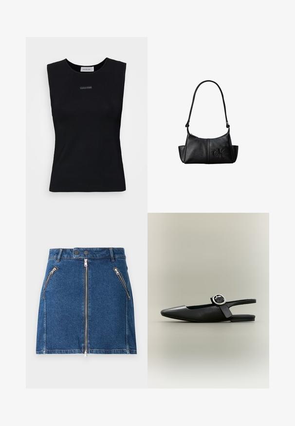 Sort ærmeløs top lavet af glat stof. Har en rund halsudskæring og et lille Calvin Klein-logo i midten. Simpelt og tætsiddende design.; Mørkeblå denimnederdel med to forreste lynlåslommer og en central lynlåslukning. Har en lige pasform og minimal syning.; Sort spids flat slingback-sko med sølv spænde og lav hæl på en neutral baggrund.; Sort læder skuldertaske med lang rem, sidelommer og præget Calvin Klein-logo på fronten.