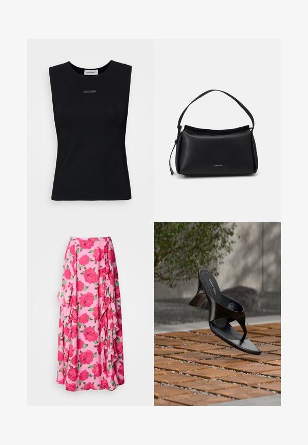 Sort ærmeløs top lavet af glat stof. Har en rund halsudskæring og et lille Calvin Klein-logo i midten. Simpelt og tætsiddende design.; Blomster-maxi nederdel i lyserødt stof med store, levende røde roser og grønne blade. Har flæser langs siden for ekstra tekstur.; Sort Calvin Klein hæl-sandal med åben tå, der svæver over en udendørs flisebelagt overflade med grønne planter og en betonvæg i baggrunden.; Sorte læderhåndtaske med en buet form, en enkelt skulderrem og lynlås lukning øverst. Har et diskret logo på fronten til branding.