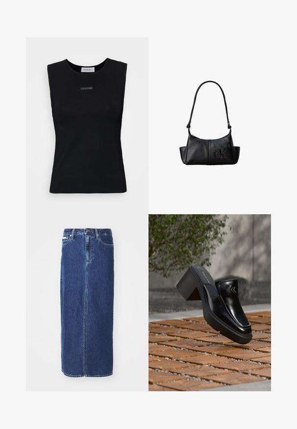 Zwart mouwloos topje gemaakt van gladde stof. Heeft een ronde halslijn en een klein Calvin Klein-logo in het midden. Eenvoudig en aansluitend ontwerp.; Donkerblauwe denim rok tot op de knie, met een vooruitsnijding, traditionele tailleband en vijf zakken met contrasterende stiksels.; Zwarte leren Calvin Klein slip-on mule met blokhak rustend op houten tegels buiten, vlak bij een groene plant en een grijze muur.; Zwarte leren schoudertas met lange band, zijvakjes en een reliëflogo van Calvin Klein aan de voorkant.