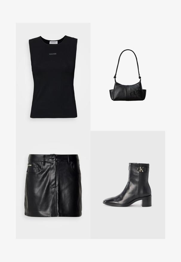 Zwart mouwloos topje gemaakt van gladde stof. Heeft een ronde halslijn en een klein Calvin Klein-logo in het midden. Eenvoudig en aansluitend ontwerp.; Zwarte leren mini-rok met een op maat gemaakt ontwerp, voorzien van zijzakken, een knoopsluiting en een gladde textuur.; Zwarte leren enkellaars met een spitse neus, blokhak en een bandje met een metallic logo. Gladde textuur en minimalistisch ontwerp.; Zwarte leren schoudertas met lange band, zijvakjes en een reliëflogo van Calvin Klein aan de voorkant.