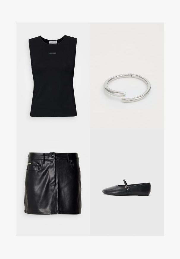 Top negro sin mangas de tejido suave. Presenta un cuello redondo y un pequeño logo de Calvin Klein en el centro. Diseño simple y ajustado.; Falda mini de cuero negro con un diseño a medida, que presenta bolsillos delanteros, un cierre de botón y una textura suave.; Bailarinas de cuero negro con punta afilada, suela plana y una pequeña correa con detalle de hebilla plateada.; Calvin Klein SPIRAL - Pulsera - silver-coloured