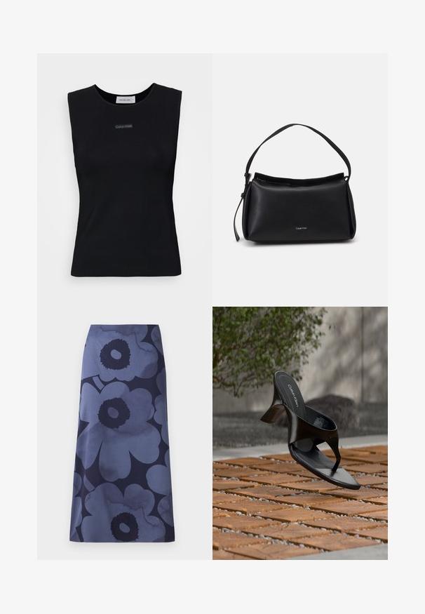 Schwarzes ärmelloses Top aus glattem Stoff. Merkmale einen runden Ausschnitt und ein kleines Calvin Klein Logo in der Mitte. Einfaches und figurnahes Design.; Blumenbedruckter Midi-Rock mit großen dunkelblauen Blumen auf einem helleren blauen Hintergrund; der Stoff wirkt glatt mit einer leicht glänzenden Textur.; Schwarze Calvin Klein Riemchensandale mit Absatz, schwebend über einer gefliesten Außenfläche mit Grünpflanzen und einer Betonwand im Hintergrund.; Schwarze Lederhandtasche mit geschwungener Form, einem einzigen Tragegurt und einem oberen Reißverschluss. Verfügt über ein dezentes Logo auf der Vorderseite zur Markenidentifikation.