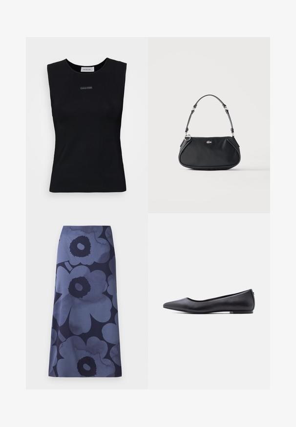 Zwart mouwloos topje gemaakt van gladde stof. Heeft een ronde halslijn en een klein Calvin Klein-logo in het midden. Eenvoudig en aansluitend ontwerp.; Midi-jurk met bloemenprint met grote donkerblauwe bloemen op een lichterblauwe achtergrond; de stof lijkt glad met een licht glanzende textuur.; Zwarte platte leren schoen met puntige neus en lage hak, zijaanzicht tegen een witte achtergrond.; Zwarte schoudertas met verstelbare riem, ritssluiting en klein zilverkleurig krokodillenlogo aan de voorkant in het midden.
