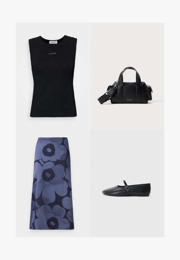 Zwart mouwloos topje gemaakt van gladde stof. Heeft een ronde halslijn en een klein Calvin Klein-logo in het midden. Eenvoudig en aansluitend ontwerp.; Midi-jurk met bloemenprint met grote donkerblauwe bloemen op een lichterblauwe achtergrond; de stof lijkt glad met een licht glanzende textuur.; Zwarte leren balletschoenen met een spitse neus, platte zool en een kleine strap met een zilveren gespsluiting.; Zwarte leren handtas met dubbele handgrepen aan de bovenkant en een afneembare schouderriem. Heeft een ritssluiting en een subtiel logo aan de voorkant.