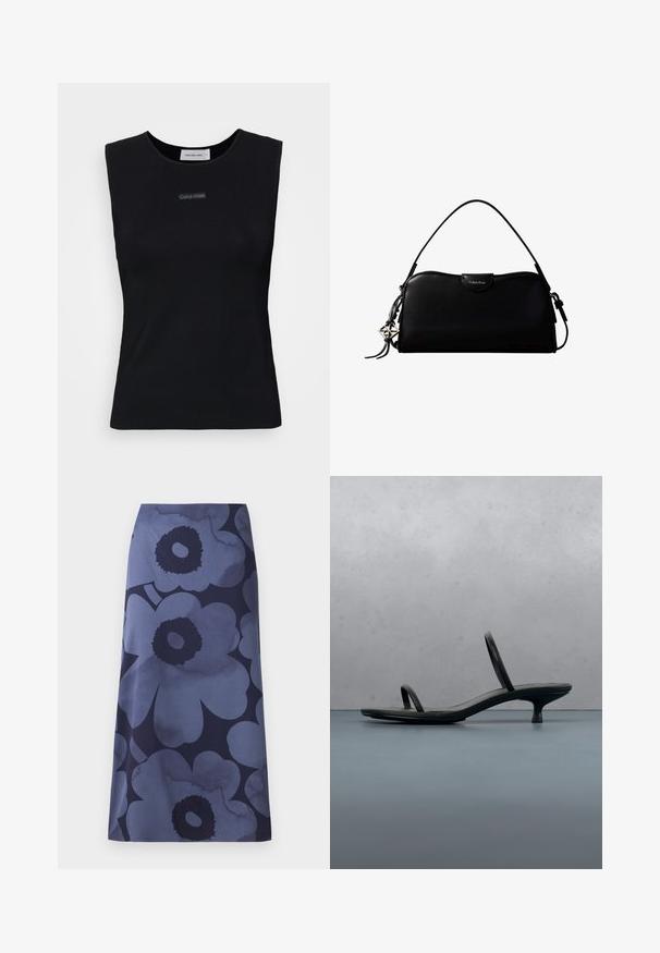 Top negro sin mangas de tejido suave. Presenta un cuello redondo y un pequeño logo de Calvin Klein en el centro. Diseño simple y ajustado.; Falda midi con estampado floral que presenta grandes flores azul oscuro sobre un fondo azul más claro; la tela parece suave con una textura ligeramente brillante.; Sandalia de tacón negra Calvin Klein con tiras finas, equilibrada sobre baldosas de madera al aire libre cerca de una pared y vegetación.; Bolso rectangular negro de Calvin Klein con una única correa superior, dije con el logo plateado y un pequeño cierre de solapa en la parte frontal.