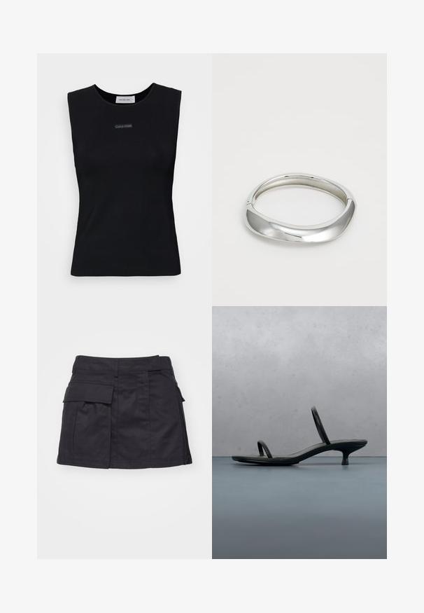 Top sans manches noir en tissu lisse. Doté d'un col rond et d'un petit logo Calvin Klein au centre. Design simple et ajusté.; Jupe mini cargo noire en coton. Équipée de poches latérales et d'un design à l'avant plat avec un ourlet légèrement effiloché.; Sandale à talon Calvin Klein noire avec des lanières fines, posée sur des carreaux en bois en plein air près d'un mur et de la verdure.; Bracelet en métal argenté avec un design lisse et courbé. Fini poli et bords arrondis créent une apparence sans couture.