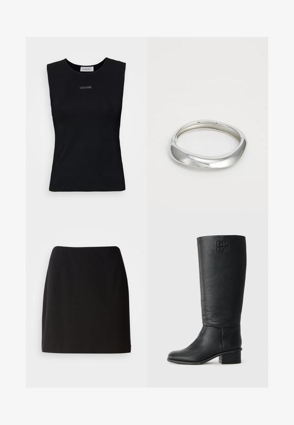 Sort ærmeløs top lavet af glat stof. Har en rund halsudskæring og et lille Calvin Klein-logo i midten. Simpelt og tætsiddende design.; Sort nederdel med en tætsiddende silhuet, lavet af et glat stof. Har subtile frontfolder og et design der når til midten af låret.; Sort læderstøvle til knæet med tekstureret overflade, rund tå og lav blokhæl. Har præget DKNY-logo på yderskafteret.; Sølv metal armbånd med et glat, buet design. Poleret overflade og afrundede kanter skaber et strømlinet udseende.