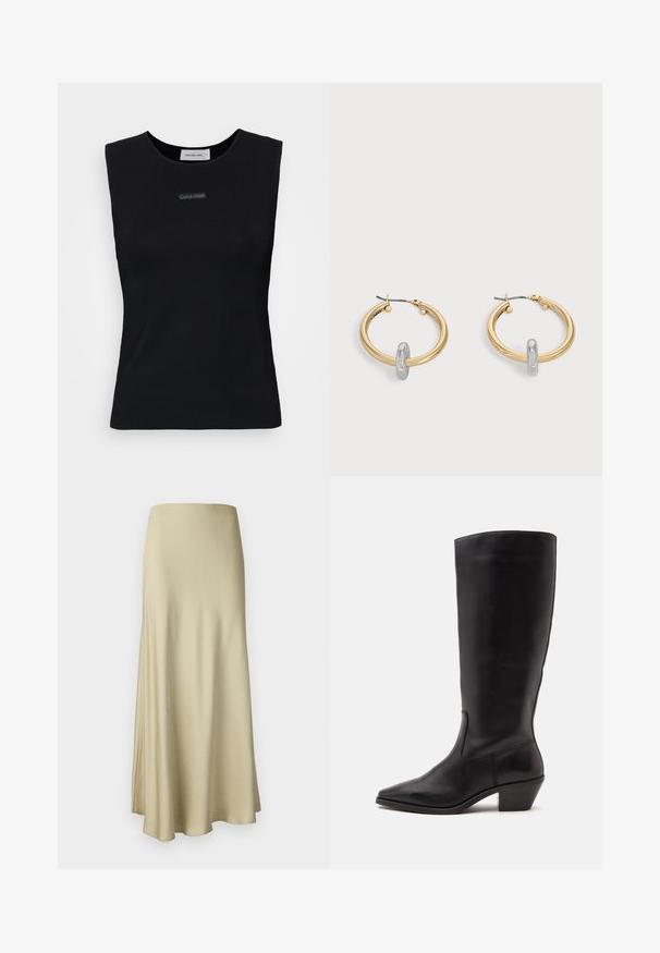 Top sans manches noir en tissu lisse. Doté d'un col rond et d'un petit logo Calvin Klein au centre. Design simple et ajusté.; Jupe longue et fluide en beige, fabriquée en tissu doux. Elle présente une texture lisse et un design simple et minimaliste sans matériel visible.; Botte en cuir noire mi-mollet avec un bout pointu et un talon bas incliné sur un fond clair uni.; Paire de boucles d'oreilles créoles dorées avec un petit détail boucle ton argent sur chaque, exposées sur fond gris clair.