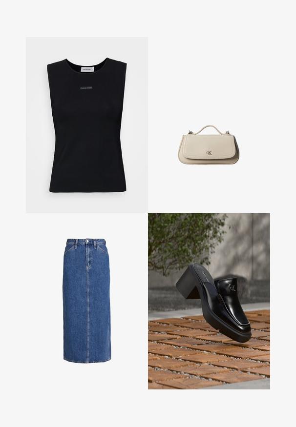 Zwart mouwloos topje gemaakt van gladde stof. Heeft een ronde halslijn en een klein Calvin Klein-logo in het midden. Eenvoudig en aansluitend ontwerp.; Denim midi-rok in middelblauw met een rechte snit, voorste knoopsluiting, twee zijzakken en zichtbare stiksels voor textuur.; Zwarte leren Calvin Klein slip-on mule met blokhak rustend op houten tegels buiten, vlak bij een groene plant en een grijze muur.; Kleine beige leren handtas met bovenhandvat en zilveren CK-logo op de voorflap, getoond tegen een witte achtergrond.