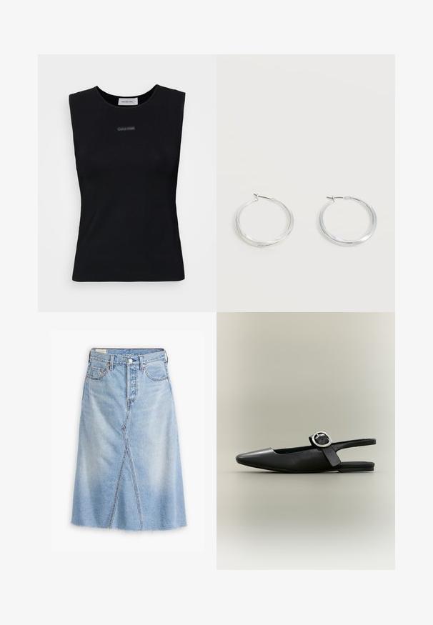 Sort ærmeløs top lavet af glat stof. Har en rund halsudskæring og et lille Calvin Klein-logo i midten. Simpelt og tætsiddende design.; Lysblå denimnederdel med lige snit, frontspalte, filt kant, fem lommer og metalhardwaredetaljer.; Sort spids flat slingback-sko med sølv spænde og lav hæl på en neutral baggrund.; Sølvfarvede metaloorringe med glat, let buet overflade og låsemekanisme på en ensfarvet hvid baggrund.