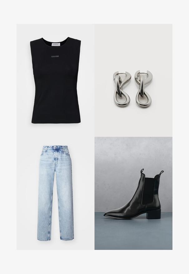 Sort ærmeløs top lavet af glat stof. Har en rund halsudskæring og et lille Calvin Klein-logo i midten. Simpelt og tætsiddende design.; Lyseblå højtaljede jeans med løs pasform, der har lige ben, fem lommer og en klassisk knap- og lynlåslukning.; Sort læder Chelsea boot med spids tå, elastiske sidepaneler og en kraftig hæl, hvilende over en overflade med sten- og trædesign.; Par af sølvtonede metale øreringe med abstrakt sammenflettet løbedesign på hvid baggrund.