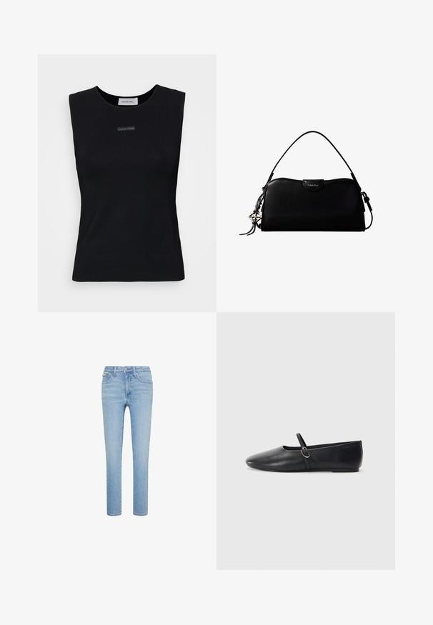 Čierny bezrukávový top vyrobený z hladkej látky. Má okrúhly výstrih a malé logo Calvin Klein na strede. Jednoduchý a priliehavý dizajn.; Svetlomodré džínsové nohavice, rovný strih, päťvreckový štýl, so zapínaním na predné gombíky a zips, s jemným vyblednutím a detailmi prešití.; Čierne kožené baletky s špicatou špičkou, plochou podrážkou a malým remienkom so striebornou prackou.; Čierna obdĺžniková kabelka Calvin Klein s jedným horným remienkom, strieborným logom príveskom a malým preklopeným zapínaním na prednej strane.