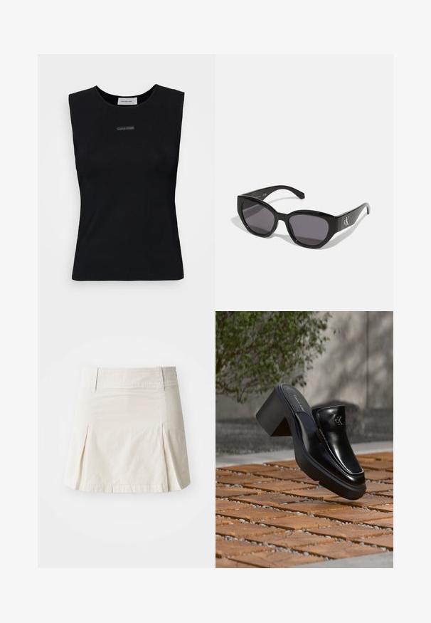 Top sans manches noir en tissu lisse. Doté d'un col rond et d'un petit logo Calvin Klein au centre. Design simple et ajusté.; Jupe en coton beige clair avec une taille ajustée, un design plissé et un ourlet droit, présentant une texture lisse et sans éléments métalliques visibles.; Mule slip-on en cuir noir Calvin Klein avec talon bloc reposant sur des carreaux en bois à l'extérieur près d'une plante verte et d'un mur gris.; Lunettes de soleil noires au design lisse et angulaire, avec des verres foncés et un logo en argent contrastant sur le côté. Texture en plastique lisse.
