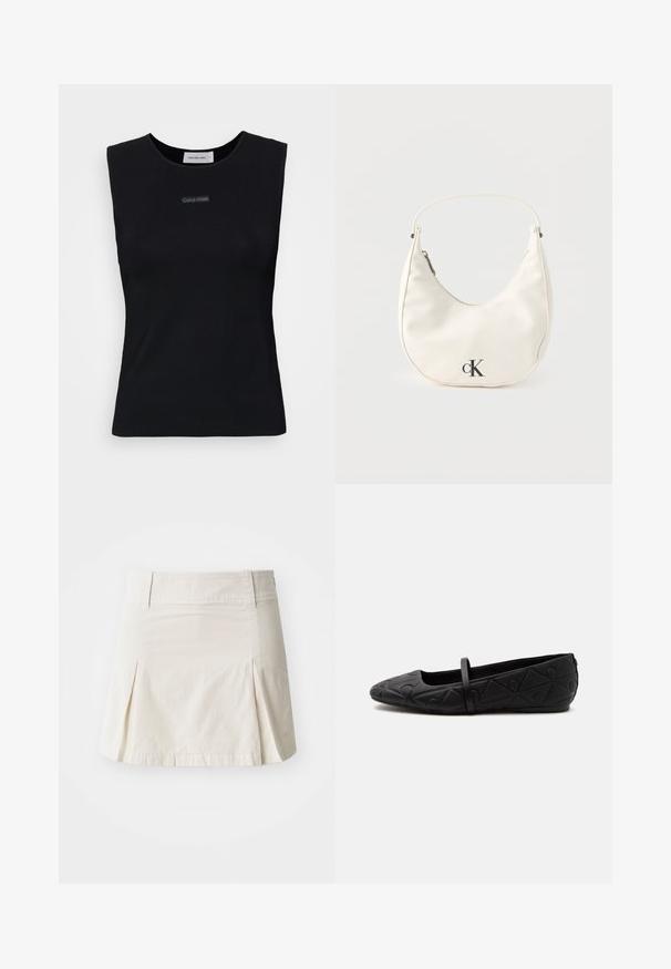 Top sans manches noir en tissu lisse. Doté d'un col rond et d'un petit logo Calvin Klein au centre. Design simple et ajusté.; Jupe en coton beige clair avec une taille ajustée, un design plissé et un ourlet droit, présentant une texture lisse et sans éléments métalliques visibles.; Chaussure plate noire avec un bout arrondi, un motif géométrique embossé et une fine bride unique sur le dessus, vue de profil.; Petit sac à main blanc en forme de croissant avec une courte bandoulière, fermeture éclair et logo "cK" noir sur le devant.