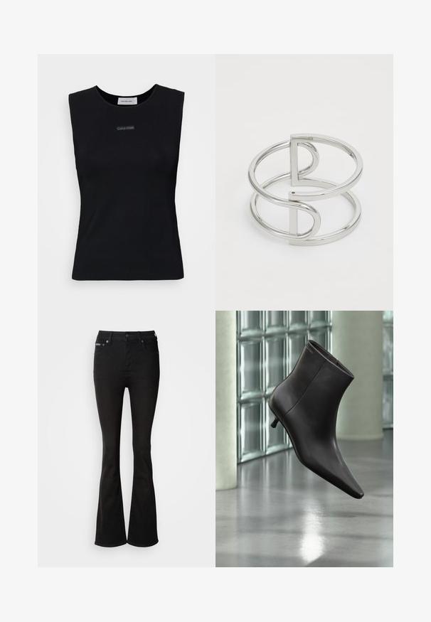 Schwarzes ärmelloses Top aus glattem Stoff. Merkmale einen runden Ausschnitt und ein kleines Calvin Klein Logo in der Mitte. Einfaches und figurnahes Design.; Schwarze Schlagjeans aus Denim, mit hoher Taille, Fünf-Taschen-Design und dezenten Nähdetails. Glatte Textur in einfarbig.; Schwarzer Leder-Knöchelstiefel mit spitzer Spitze und kleinem Absatz vor einer Wand aus Glasbausteinen und einem polierten Boden.; Silberner Metallarmreif mit einem Doppel-Schleifen-Design, glatter, glänzender Oberfläche und einem minimalistischen geometrischen Akzent.