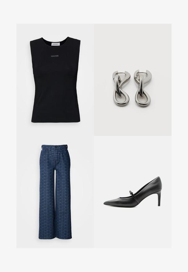 Mustat hihattomat paita, joka on valmistettu sileästä kankaasta. Ominaisuuksina pyöreä pääntie ja pieni Calvin Klein -logo keskustassa. Yksinkertainen ja vartalon myötäinen malli.; Leveled denim-housut, joissa on toistuva tummansininen ja vaaleansininen DKNY-logo-kuvio, etutaskut ja nappikiinnitys.; Musta nahkainen kärkikärkinen korkokenkä, jossa on ohut remmi ja solki jalkapöydän yli, seisoo vaalealla neutraalilla taustalla.; Pari hopeanvärisiä metallikorvakoruja, joissa on abstrakti toisiinsa kietoutuva lenkkimuoto valkoisella taustalla.