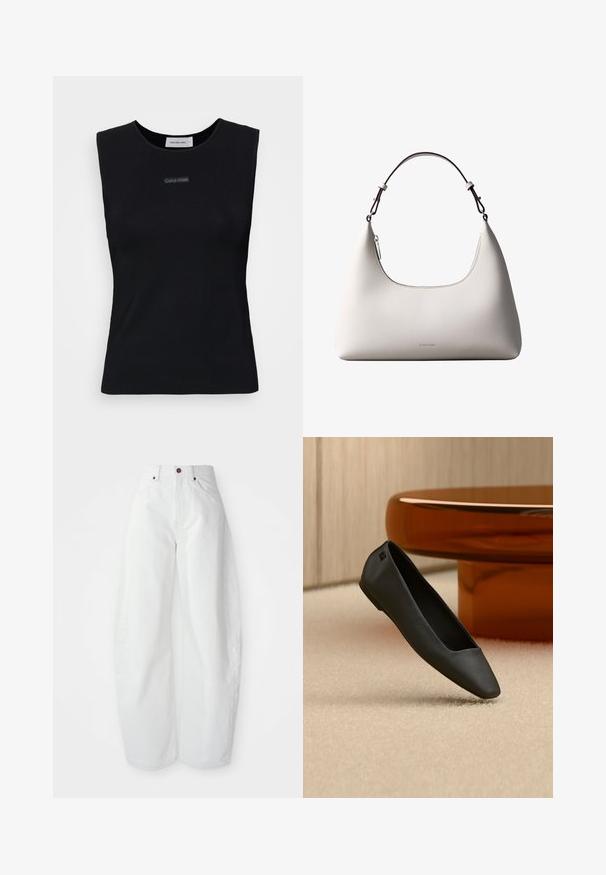 Zwart mouwloos topje gemaakt van gladde stof. Heeft een ronde halslijn en een klein Calvin Klein-logo in het midden. Eenvoudig en aansluitend ontwerp.; Hoge taille witte spijkerbroek met een losse pasvorm. Voorzien van een knoopsluiting, zijzakken en een minimalistisch ontwerp. Glad textuur.; Zwarte platte schoen met puntige neus, rustend op een beige tapijt naast een ronde amberkleurige tafel in een minimalistische kamer.; Romige Calvin Klein leren schoudertas met gebogen bovenrand, zilveren rits en donkerbruine verstelbare riem.