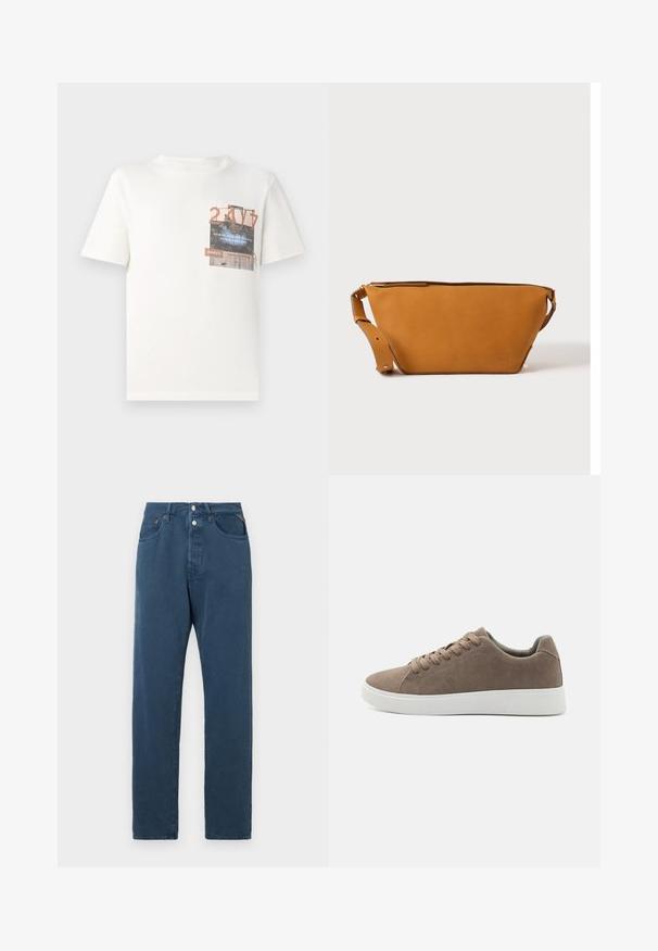 TOM TAILOR DENIM Tričko s potlačou - gardenia white; Modré džínsy s rovnými nohavicami, so zvýšeným pásom, dvoma prednými vreckami a zapínaním na gombík. Tkanina vyzerá hladko a nezdobene.; Hnedé semišové tenisky s plochými bielymi gumovými podrážkami, dizajn so šnurovaním, zaoblená špička a hladká textúra. Minimalistický štýl s jemnými švovými detailmi.; Svetlohnedá kožená crossbody taška s nastaviteľným popruhom a zipsovým uzáverom, zobrazená na jednoduchom svetlom pozadí.