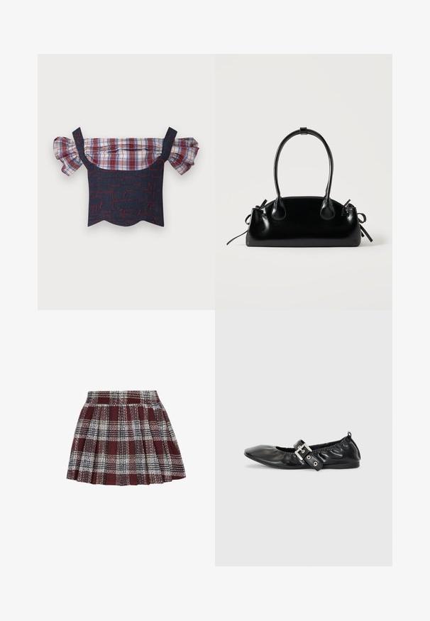 Denim off-the-shoulder top med pufferede plaid-ærmer, der har en rød og blå mønstret krop og bølget kant. Justerbare stropper inkluderet.; Rød og sort ternet plisseret nederdel med et struktureret stof. Har en tætsiddende talje og et svungent design med skiftende hvide og grønne linjer.; Sorte læder flade sko med spids tå, samling detaljer omkring åbningen, og en sølv spænde accent på den justerbare rem.; Lille sort blank håndtaske med to lange håndtag og snøre-detaljer i siden på en ensfarvet lys baggrund.