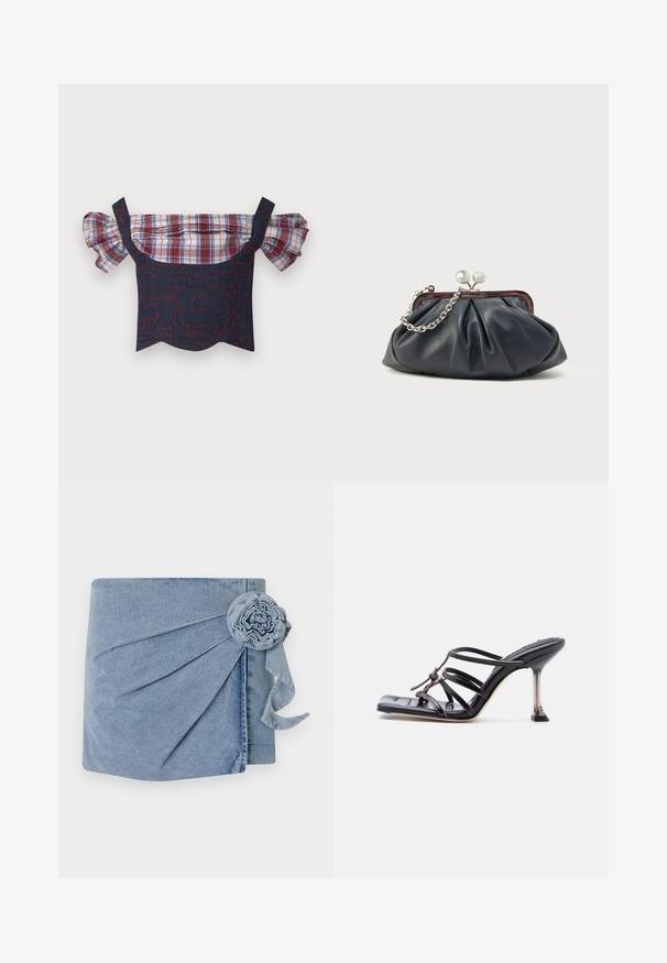 Denim top bez ramienok s nadúvanými kockovanými rukávmi, s telom so vzorom v červenej a modrej farbe a lesklým lemom. Súčasťou sú nastaviteľné ramienka.; Denimový obal v svetlomodrom odtieni, s precízny pletením a dekoračnou kvetinou s voľným stužkou. Mäkká textúra a voľný dizajn.; Čierna sandála na vysokom opätku so štvorcovou špičkou a tenkým ihličkovým opätkom, s pretínajúcimi sa remienkami a uzlovým detailom na vrchu.; Tmavomodré kožené spojko so zdobeným dizajnom, strieborným reťazovým remienkom a zapínaním na klip. Hladká textúra s jemným leskom.