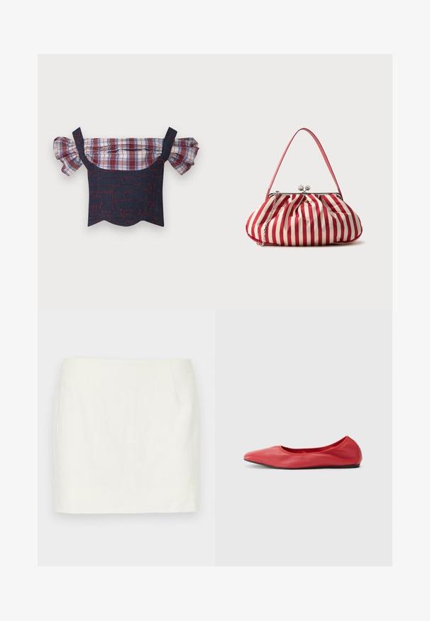 Denim off-the-shoulder topp, mille paksude plaadikätistega, punaste ja siniste mustritega keha ning lainelise äärisega. Reguleeritavad rihmad kuuluvad komplekti.; Valgete linast mini-seelikut sirge lõikega, mis sisaldab küljetaskuid ja sujuvat tekstuuri. Ilma nähtavate mustrite või aktsentideta.; Filippa K REY FLATS - Baleriinad - bright red; Punase-valge vertikaalsete triipudega kangast rahakott hõbedase klambriga, õhuke käepide ja lisaks hõbedane kettaga rihm, asetatud ühevärvilisele taustale.