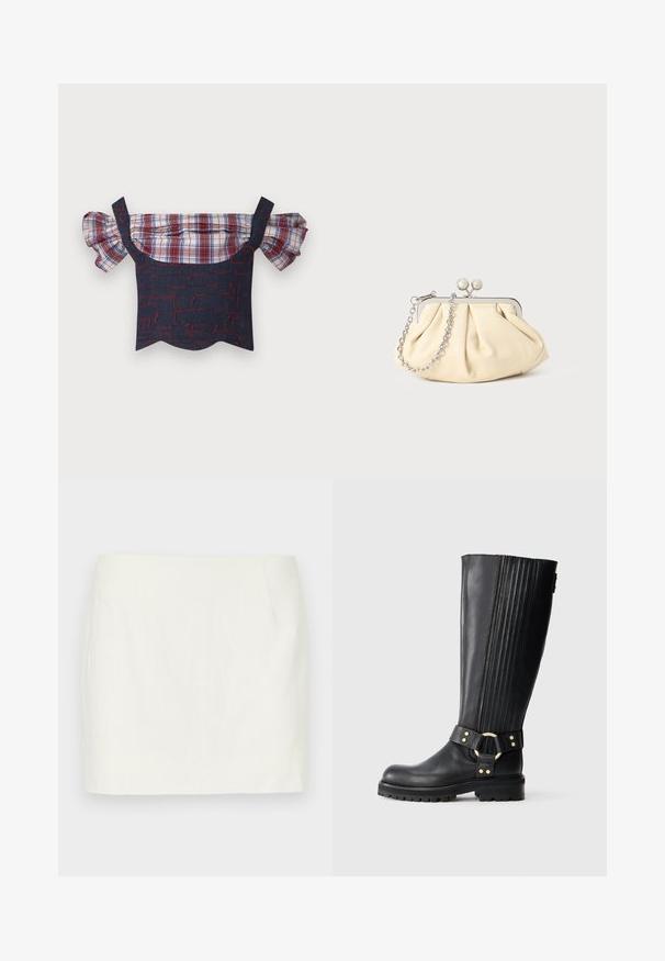 Denim off-the-shoulder topp, mille paksude plaadikätistega, punaste ja siniste mustritega keha ning lainelise äärisega. Reguleeritavad rihmad kuuluvad komplekti.; Valgete linast mini-seelikut sirge lõikega, mis sisaldab küljetaskuid ja sujuvat tekstuuri. Ilma nähtavate mustrite või aktsentideta.; Mustmust kõrgusega must nahkne saabas, millel on elastne ribastus, sooniline tald ja dekoratiivne rihm koos kuldse metallringi ja niitide külge kinnitatud neetidega.; Kortsus beežist nahast kotike, millel on hõbedane metallraam, kaunistatud kahe ümmarguse dekoratiivse lukuga ja hõbedase ketispideme.
