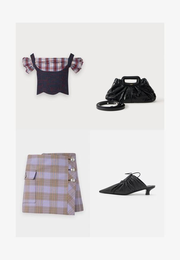 Denim off-the-shoulder topp, mille paksude plaadikätistega, punaste ja siniste mustritega keha ning lainelise äärisega. Reguleeritavad rihmad kuuluvad komplekti.; Rabanne Miniseelik - purple/orange/cream/blue; Mustad nahast libisemisega mullingud terava varbaga, volditud tekstuuriga ja väikese kitinõelaga. Omab tõmbluku detaili avas.; Väike must nahkkäekott kortsulise tekstuuriga, ristkülikukujuline käepide ja eemaldatav õhuke õlarihm, mis on kõrval paigutatud.