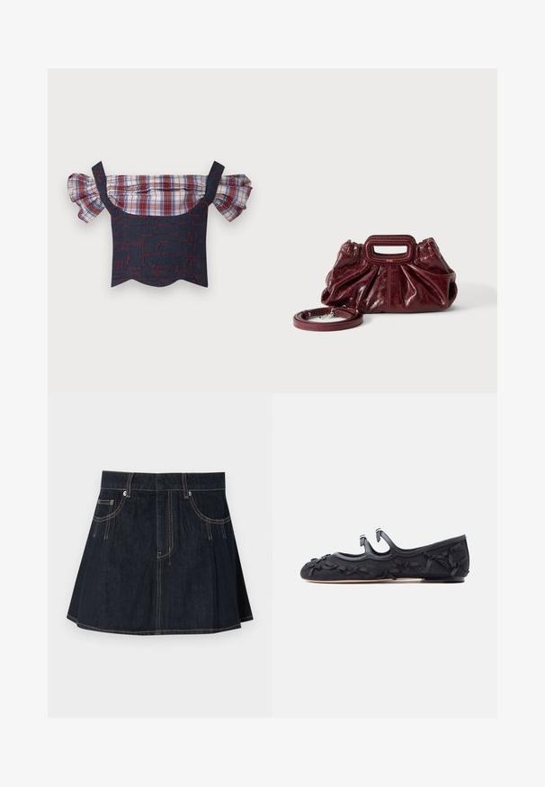 Denim top bez ramienok s nadúvanými kockovanými rukávmi, s telom so vzorom v červenej a modrej farbe a lesklým lemom. Súčasťou sú nastaviteľné ramienka.; Džínová sukňa v tmavomodrej farbe, s rozšíreným strihom, pútkami na opasok, prednými vreckami a kontrastným prešívaním pozdĺž švov.; Čierna plochá obuv s tromi remienkami a viacerými malými dekoratívnymi mašličkami pozdĺž strán, na špičke a päte, zobrazená z bočného profilu.; Malá tmavočervená kožená kabelka so zhromaždenou textúrou, obdĺžnikovým výrezom na rukoväti a odnímateľným ramenným popruhom na bielom pozadí.