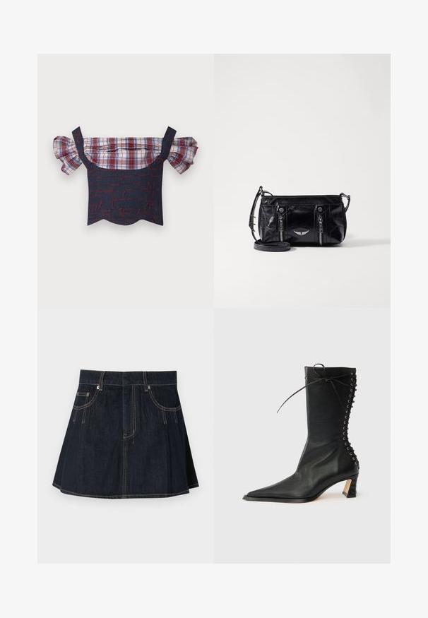 Denim off-shoulder top met puffy geruite mouwen, met een rood en blauw patroonlichaam en een gegolfde zoom. Inclusief verstelbare bandjes.; Denim rok in donkerblauw, met een uitlopende uitstraling, riemlussen, voorzakken en contrasterende stiksels langs de naden.; Zwarte leren enkellaars met spitse neus, slanke hak, vetersluiting aan de achterkant en metalen oogjes. Glad oppervlak met een strak ontwerp.; Zwarte faux leren crossbody tas met ritsvakjes, een decoratief zilveren embleem en een verstelbare schouderriem. Glanzende textuur en compacte vorm.