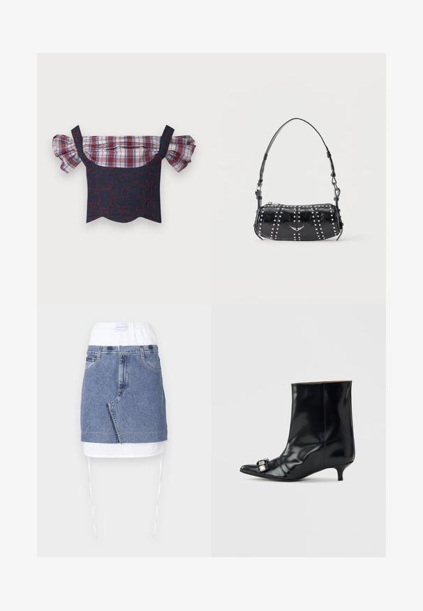 Denim off-the-shoulder top med pufferede plaid-ærmer, der har en rød og blå mønstret krop og bølget kant. Justerbare stropper inkluderet.; Denim nederdel med en blå krop, hvid perforeret talje og snoretræk. Har forlommer og en lige pasform med rå kant.; Sort læder ankelstøvle med spids tå, lav kitten-hæl og dekorativ sølvspænde på siden nær tåen.; Sort skuldertaske i laklæder med sølvnitter i lodrette rækker og et lille sølvfugleemblem midt på fronten.