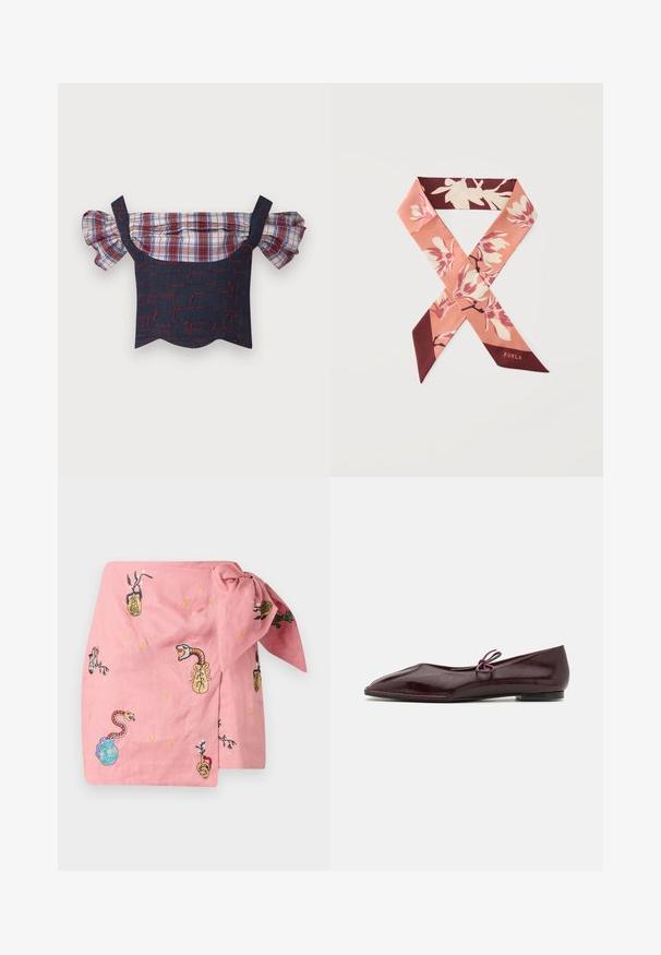 Denim top bez ramienok s nadúvanými kockovanými rukávmi, s telom so vzorom v červenej a modrej farbe a lesklým lemom. Súčasťou sú nastaviteľné ramienka.; Ružová zavinovacia sukňa s rôznymi vyšívanými motívmi, vrátane hadov, vázi a rastlín, s pozlátenými a viacfarebnými akcentmi po celej ploche.; Balerínky z bordovej lakovej kože s špicatou špičkou a ozdobnou fialovou mašľou na nárte; plochý dizajn podrážky.; Ružovo-bordový kvetinový hodvábny šál stočený do pretínajúceho sa tvaru s textom „Furla“ na jednom konci na bielom pozadí.