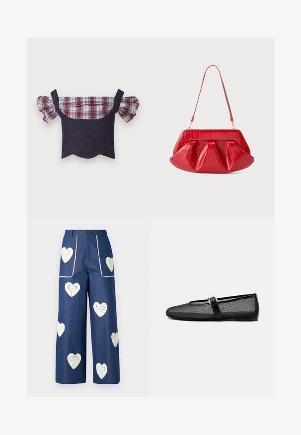 Denim off-the-shoulder top med pufferede plaid-ærmer, der har en rød og blå mønstret krop og bølget kant. Justerbare stropper inkluderet.; Sister Jane HEART TO HEART - Jeans Straight Leg - blue denim; Sort mesh balletflat med rundt tåparti og justerbar Mary Jane-rem med sølvspænde, på en ensartet lys grå baggrund.; Rød skuldertaske i læder med en struktureret ramme, plisseret krop og tynd justerbar rem mod en ensfarvet baggrund.