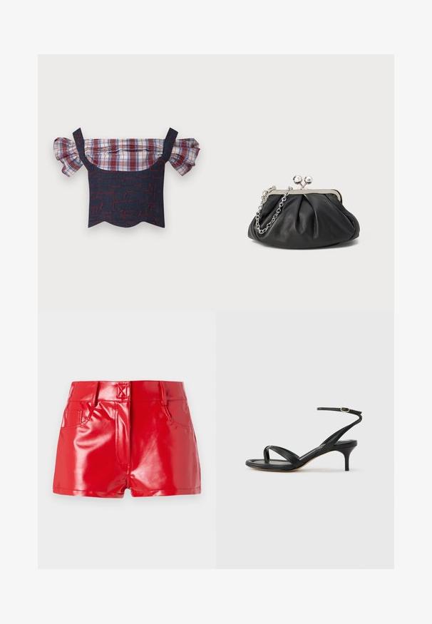 Denim off-shoulder top met puffy geruite mouwen, met een rood en blauw patroonlichaam en een gegolfde zoom. Inclusief verstelbare bandjes.; Rode faux leren shorts met een glanzende afwerking, met een hoge taille, zijzakken en stiksels. Gelaagd, aansluitend ontwerp.; Zwarte leren dames sandaal met dunne bandjes, een teengreep, een enkelgesp en een stilettohak van gemiddelde hoogte op een neutrale achtergrond.; Zwarte leren clutch met geplooide textuur, zilverkleurig metalen frame, drukknopsluiting en kettingriem. Glad, zacht oppervlak.